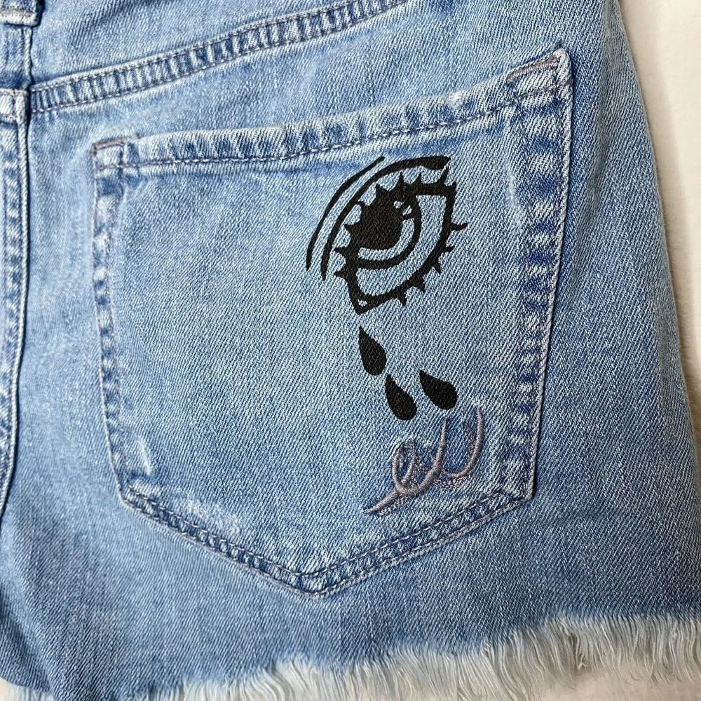 Express Cut Off Denim Shorts Size 0‎ Embroidered Floral Patch Distressed Jeans